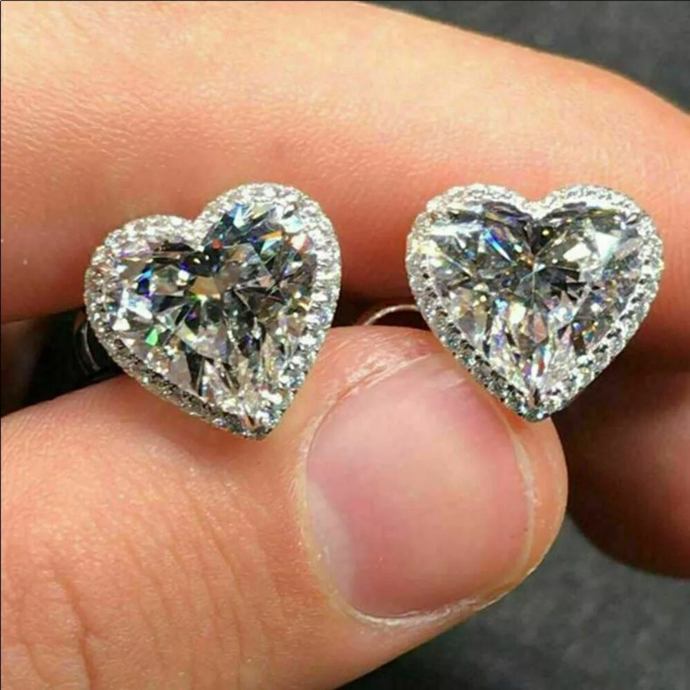 The Iced Hearts white sapphire silver Stud heart earrings - Picture 2 of 6